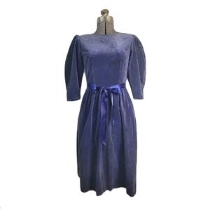 Vintage 40s 50s Dusty Blue Velvet Midi‎ Dress 3/4 Sleeve Ribbon Waist FLAW XS